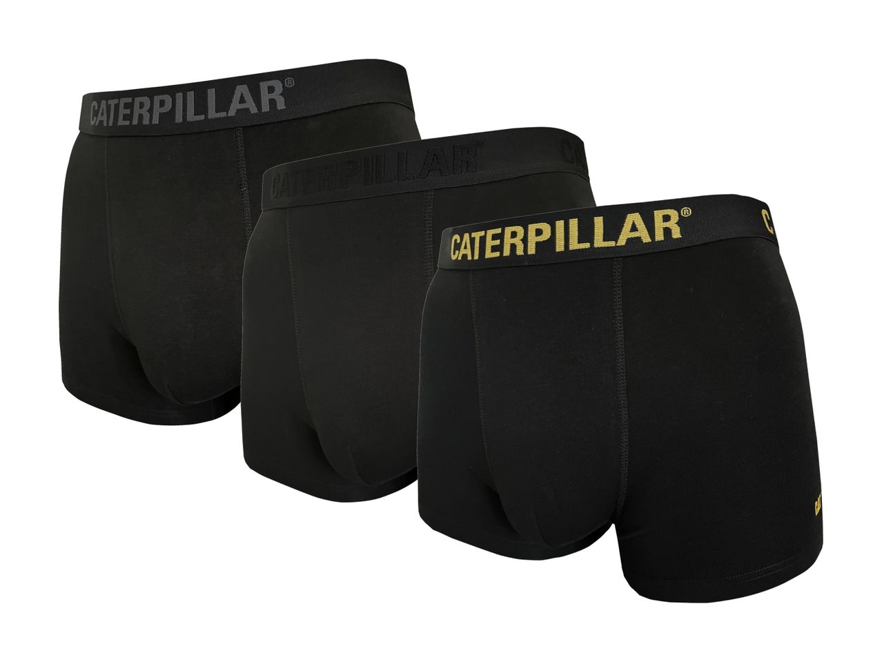 Three pairs of black men's boxer briefs with different colored waistbands