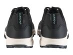 Rear view of black and white outdoor shoes with pull tabs
