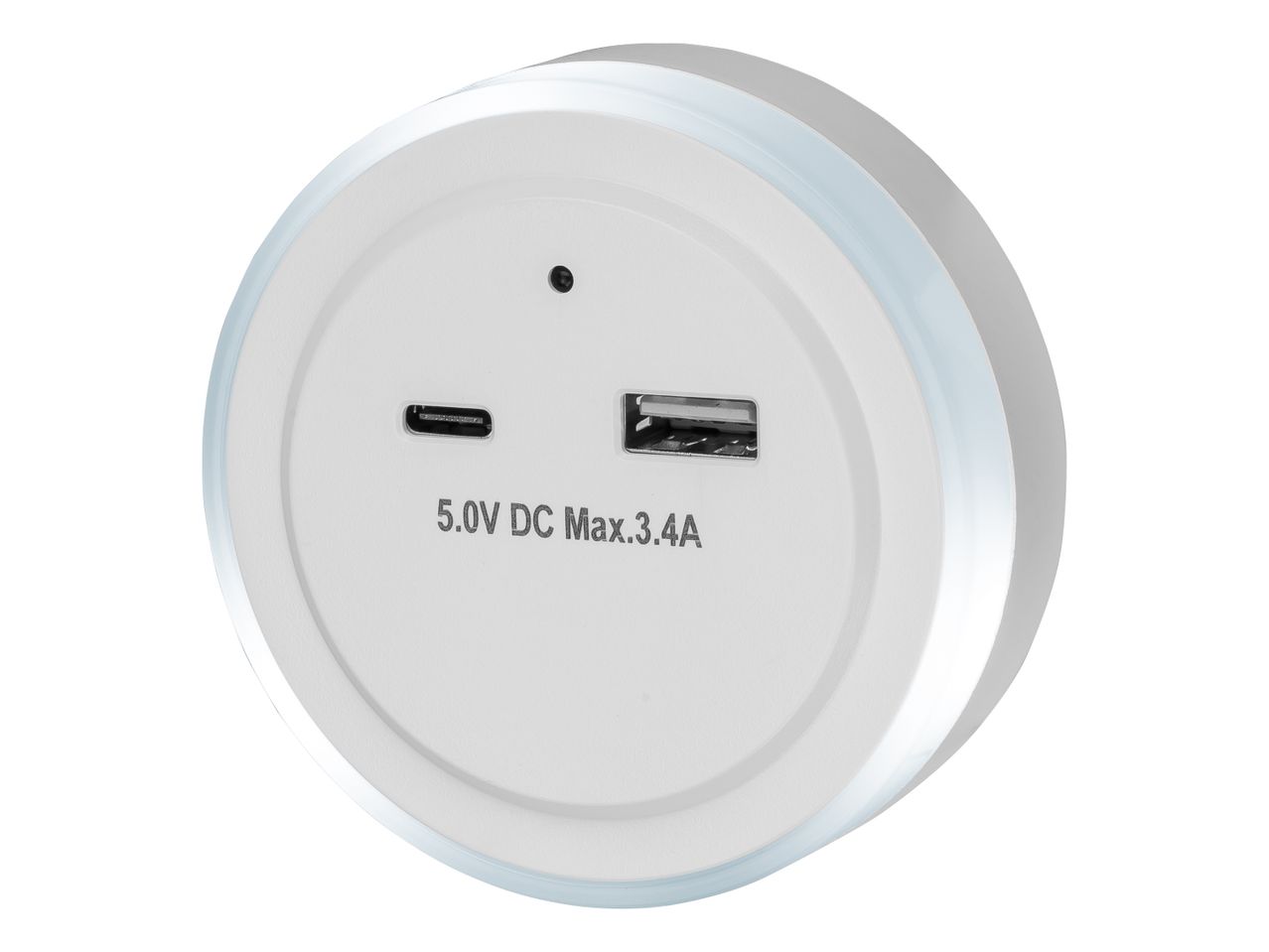 White circular USB charger with USB-A and USB-C ports