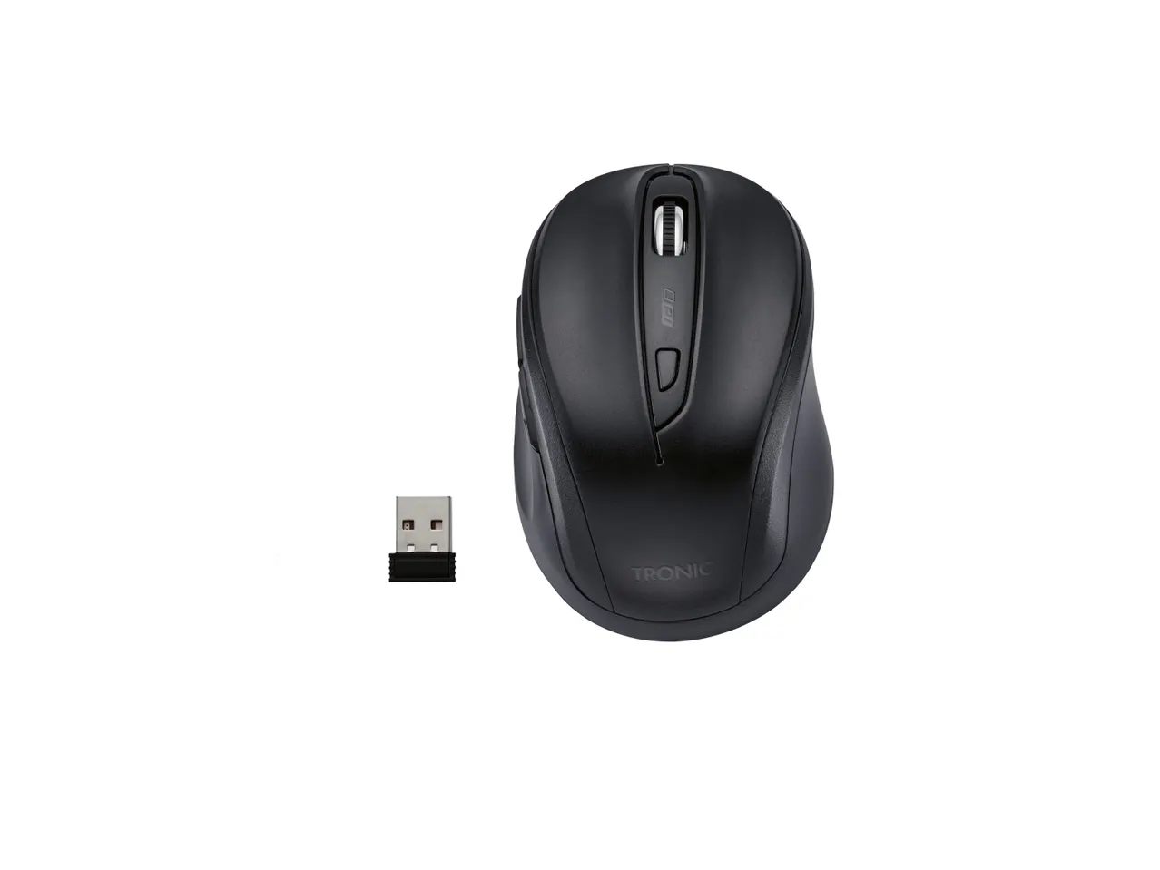 Mouse wireless nero con ricevitore USB.