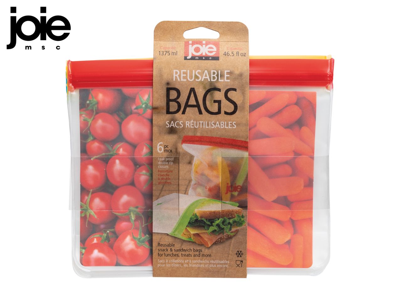 Reusable snack and sandwich bags with tomato and carrot designs, 6-piece set, 1375ml capacity.