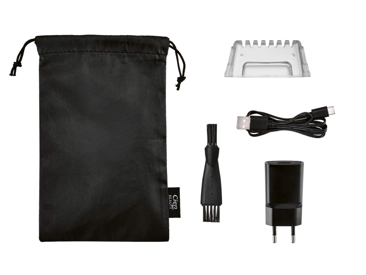 Cien Beauty matu un bārdas trimmeris ar piederumiem: maisiņš, ķemme, lādētājs un birste.