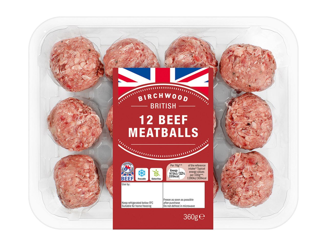 12 Birchwood British beef meatballs: frozen, ready to cook.