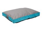 Grey and turquoise pet bed with a handle on one side.