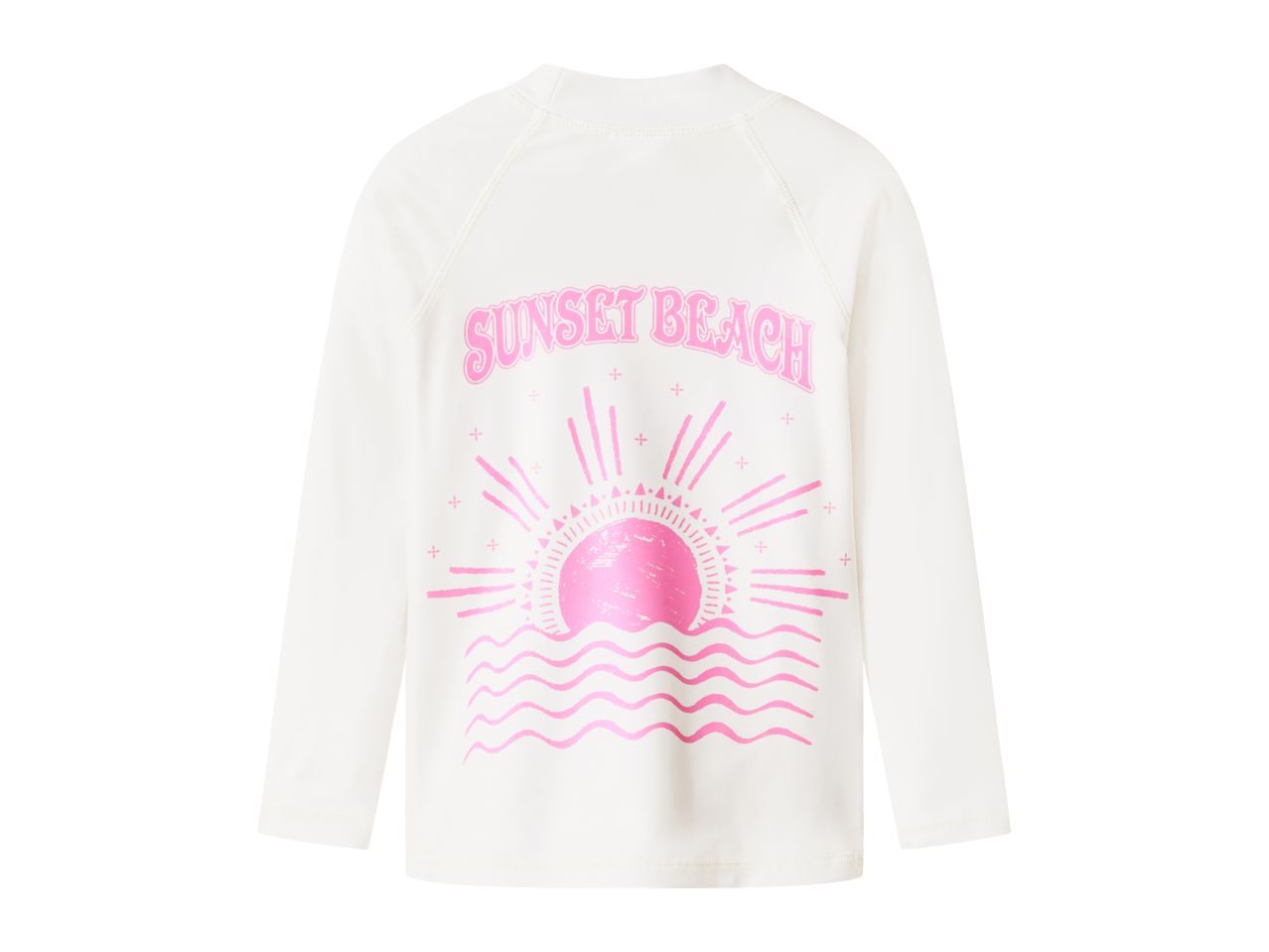 White long-sleeve rash guard with a pink 'SUNSET BEACH' graphic and sun design.
