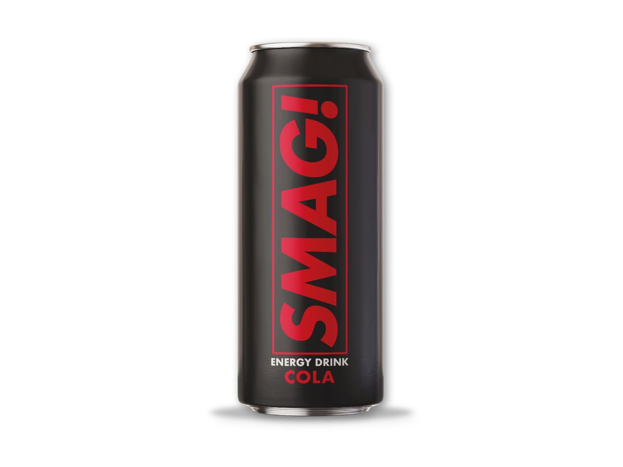 En sort energidrikdåse med rød tekst, der læser 'SMAG! ENERGY DRINK COLA'.