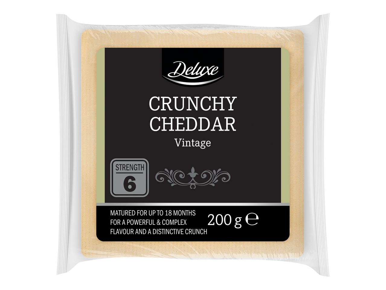 Paquet de cheddar croquant vintage, force 6, 200g, vieilli jusqu'à 18 mois.