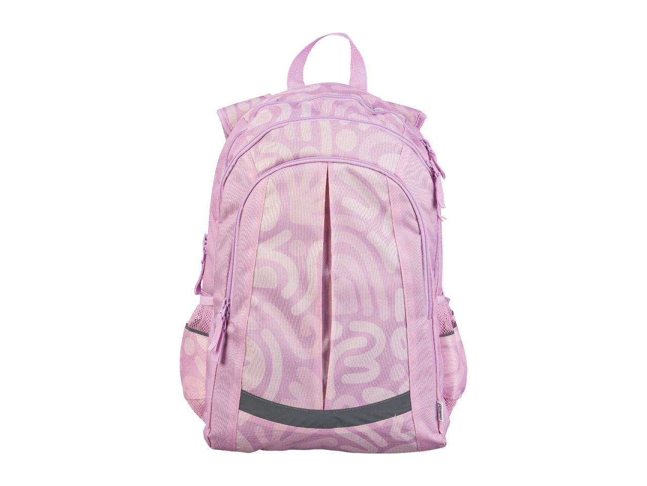 A lavender-colored backpack with a playful pattern and mesh side pockets.