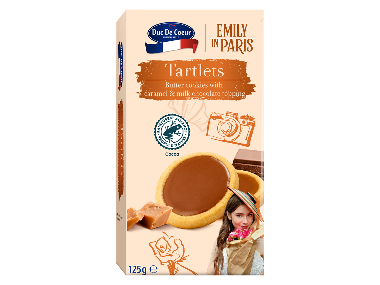 Fursecuri tartlete Duc De Coeur „Emily în Paris”, cu caramel și glazură de ciocolată cu lapte.