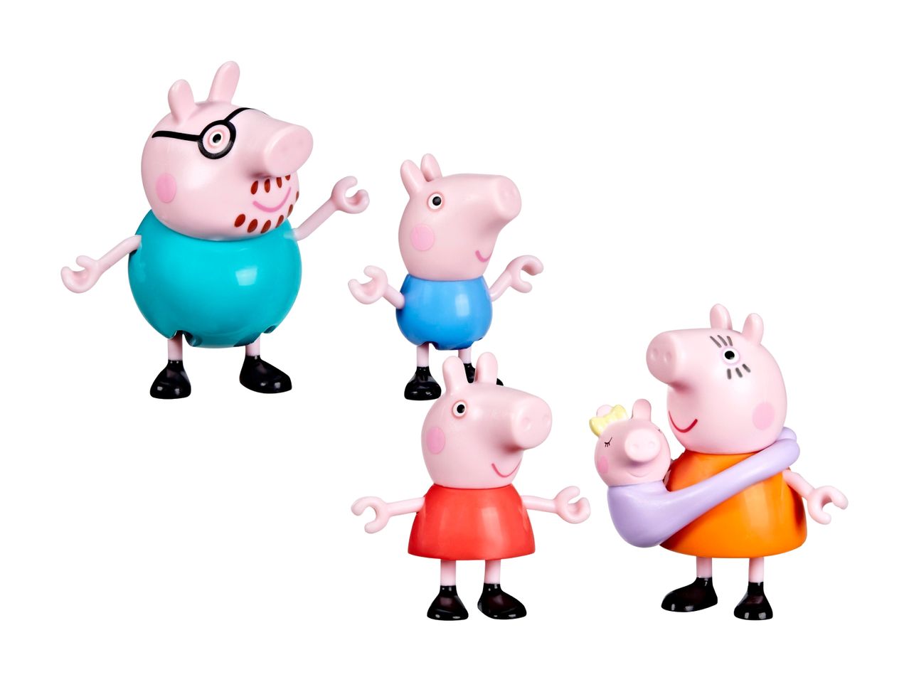 Peppa Pig-familiefigurer: Far Gris, Mor Gris med baby, Peppa og Georg.