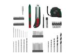 A comprehensive set of tools including various drill bits, screwdriver bits, a utility knife, and a tape measure.