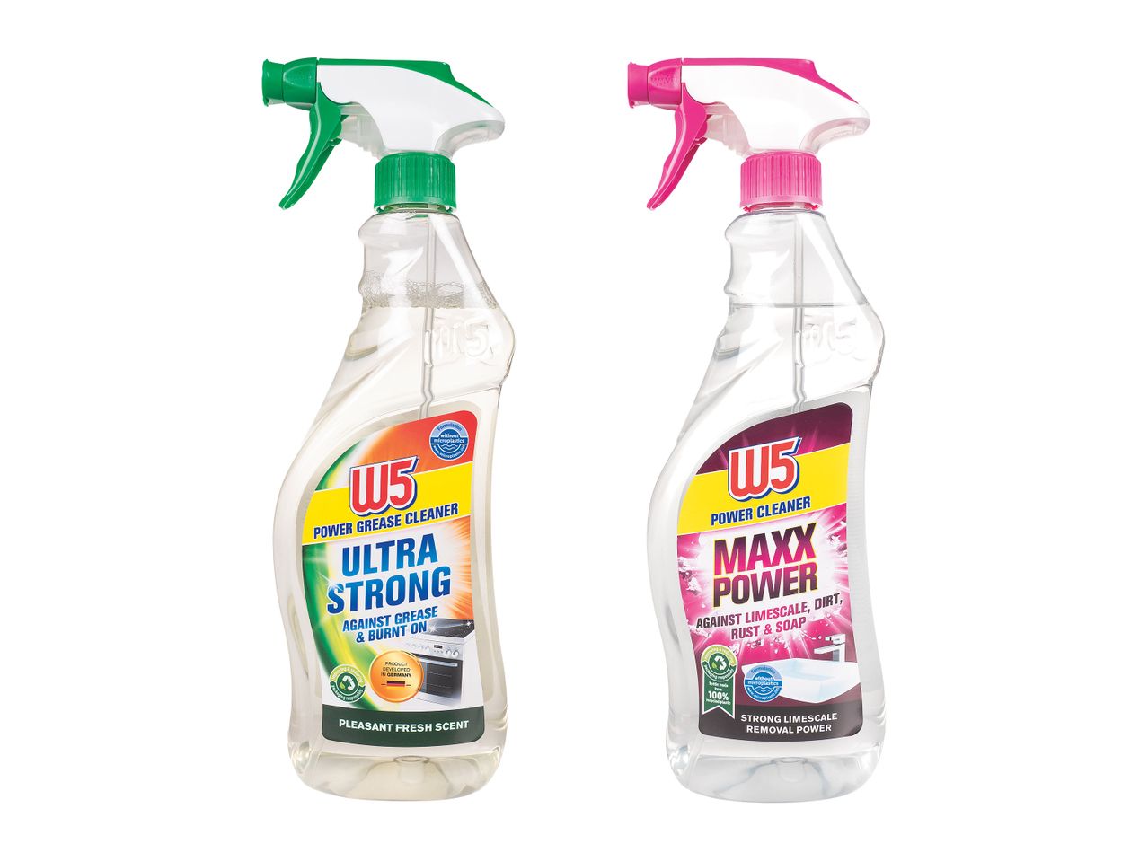 Două flacoane cu pulverizator de detergent, unul verde și unul roz.