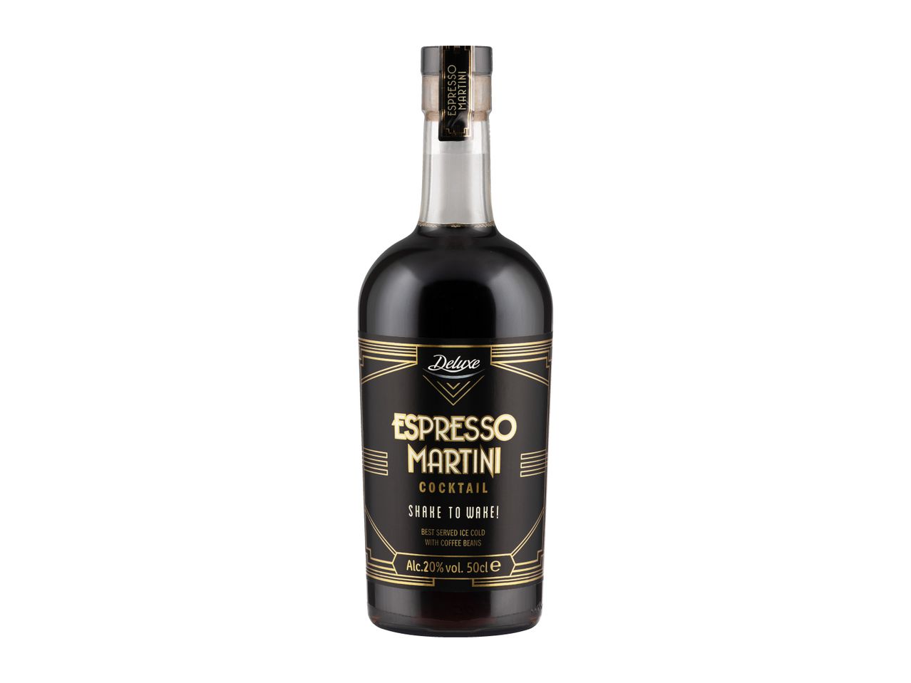A bottle of Deluxe Espresso Martini cocktail, 20% alcohol, 50cl.