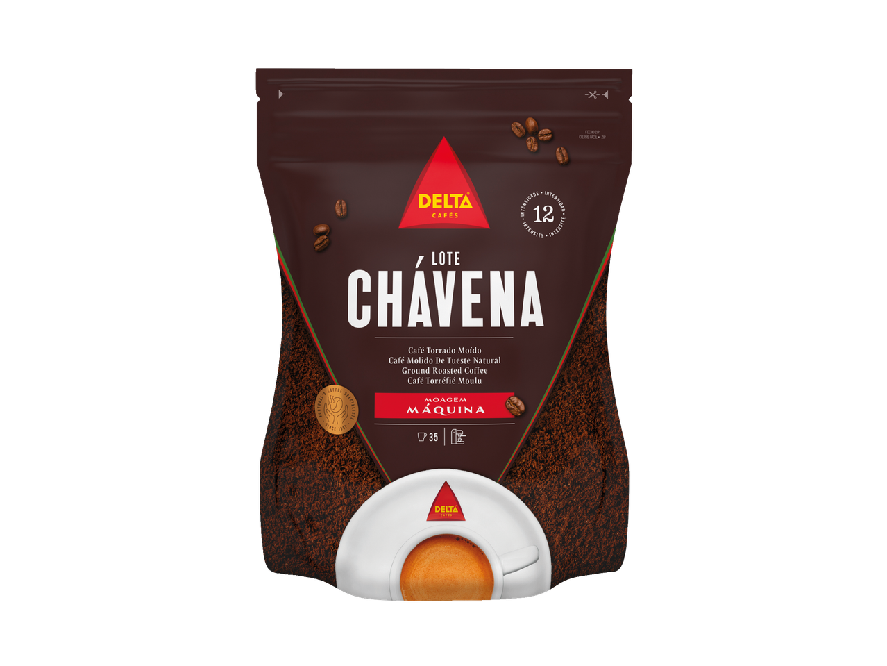 Café torrado moído Delta Chávena para máquina, intensidade 12, numa embalagem castanha.