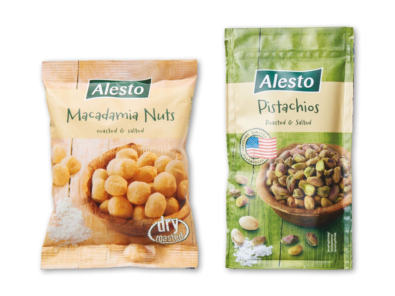 To poser Alesto nødder: macadamianødder og pistacienødder.
