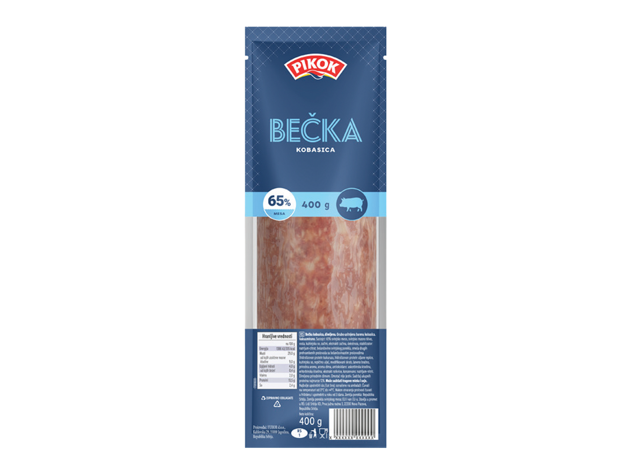 Pakovanje bečke kobasice od 400g sa 65% mesa.