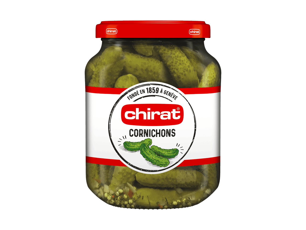 Un barattolo di cetriolini sottaceto con etichetta bianca e rossa su sfondo nero.