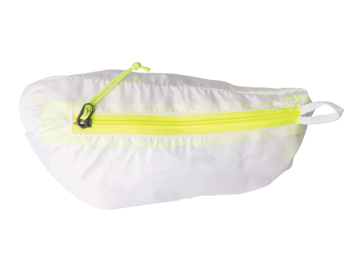 White pouch with a bright yellow zipper and drawstring.
