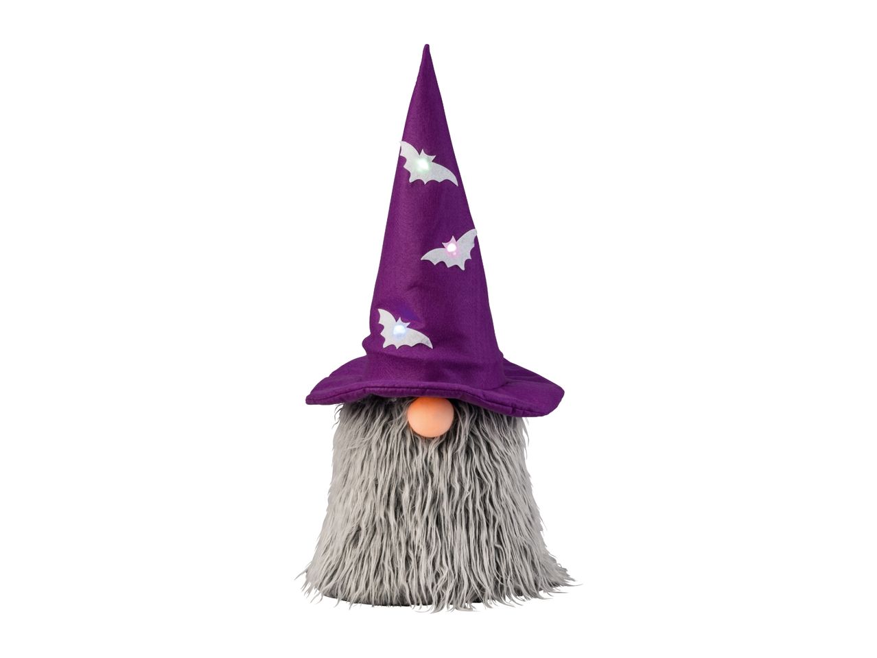 Halloween gnome with a purple witch hat decorated with bats