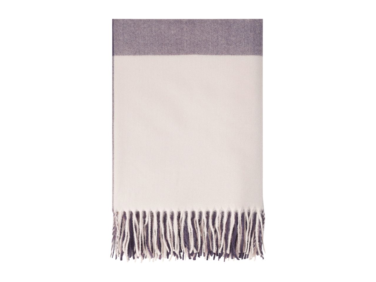 Two-tone blanket with fringes, featuring a light cream body and a purple top and bottom.
