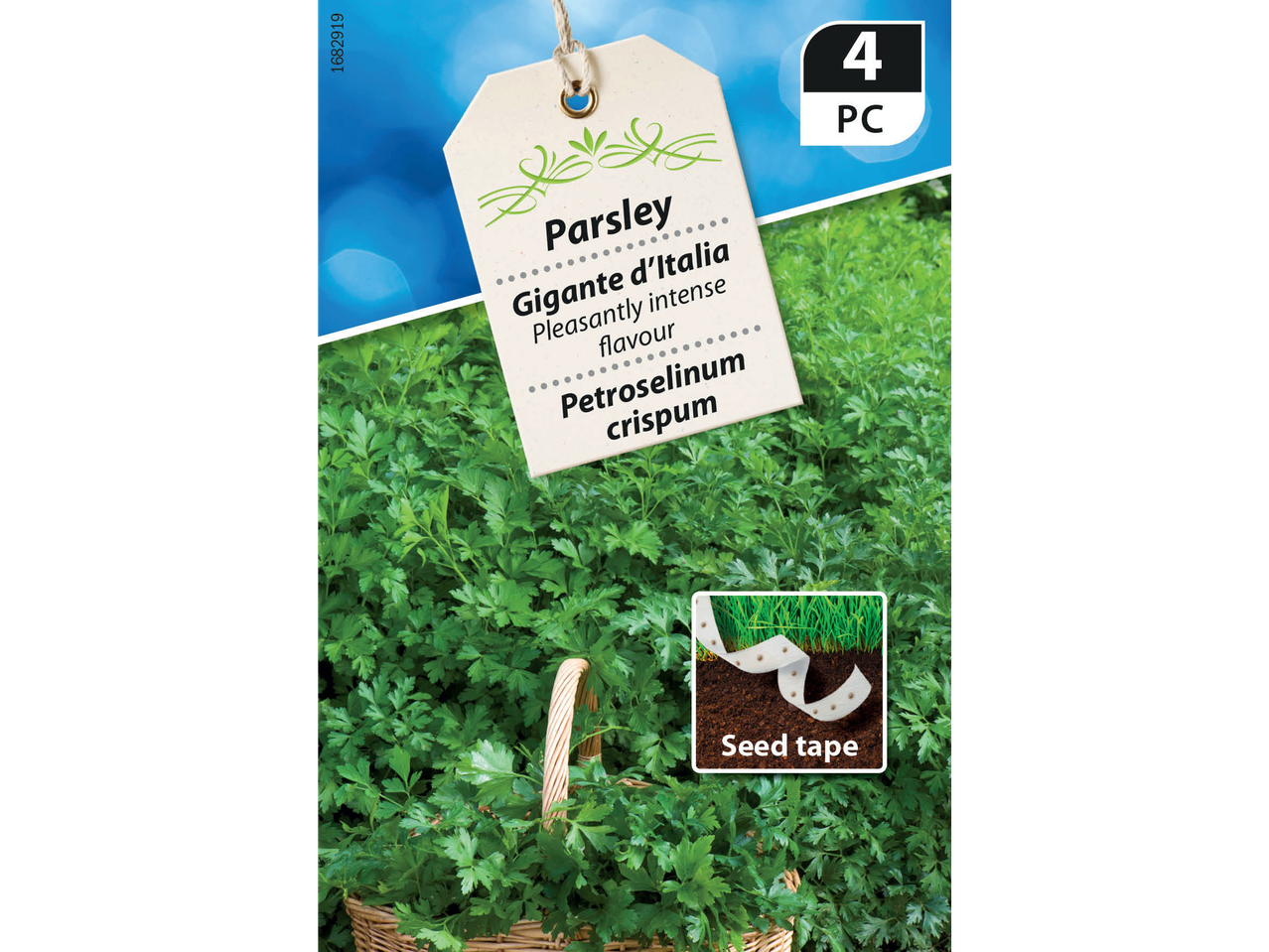 Parsley Gigante d'Italia seed tape with 4 pieces, showing lush green parsley plants.