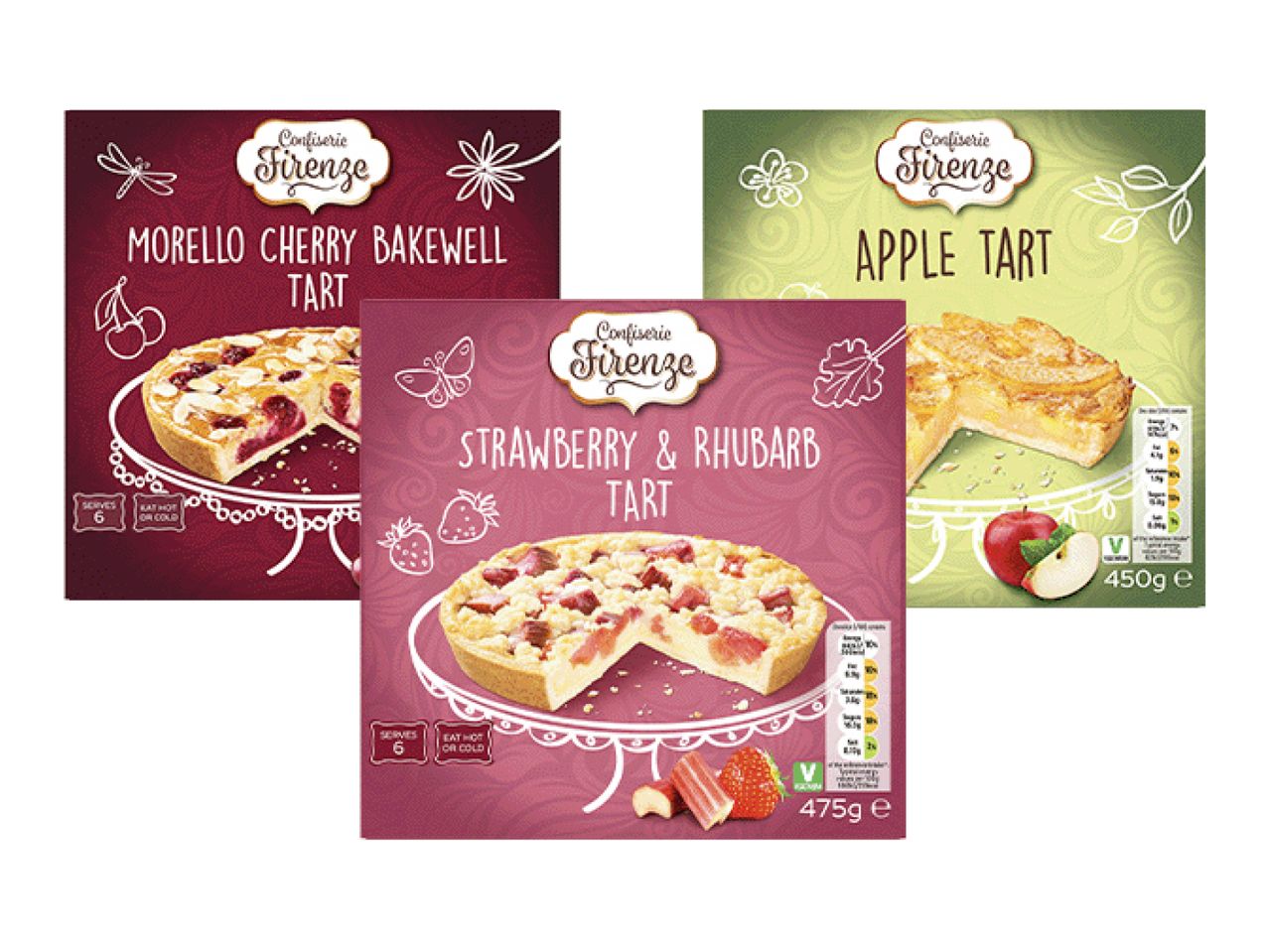 Three Confiserie Firenze tart boxes: Morello Cherry Bakewell, Strawberry & Rhubarb, and Apple.