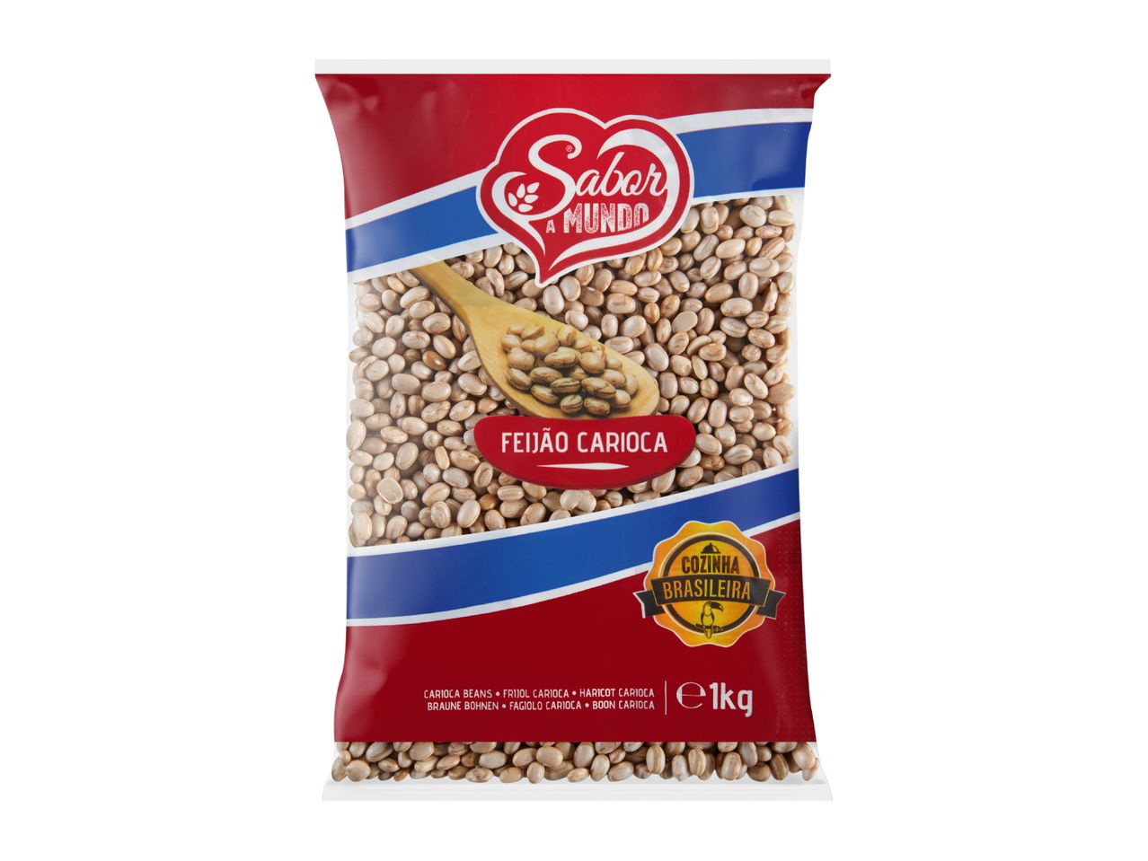 A bag of Carioca beans with a wooden spoon, labeled 'Feijão Carioca' and 'Cozinha Brasileira'.