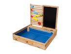 Wooden sand and water play table with a blue liner, water run accessories, and a chalkboard.