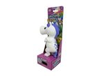 White unicorn popper toy in packaging, with text 'Squeeze to POP!' and '5+'.