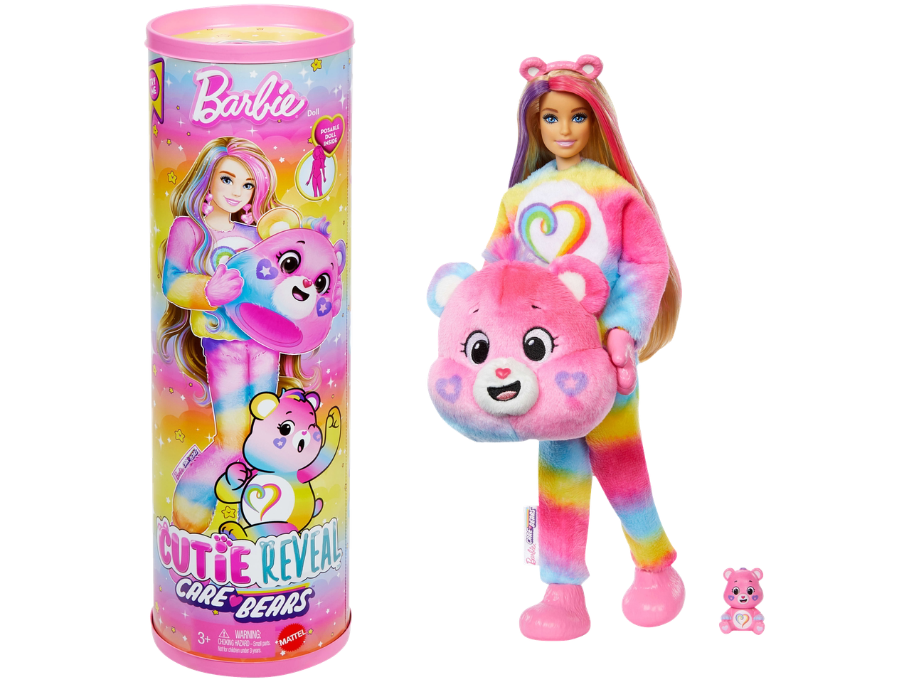 Barbie Cutie Reveal Care Bears: lelle lācīša pidžamā un mini figūriņa.