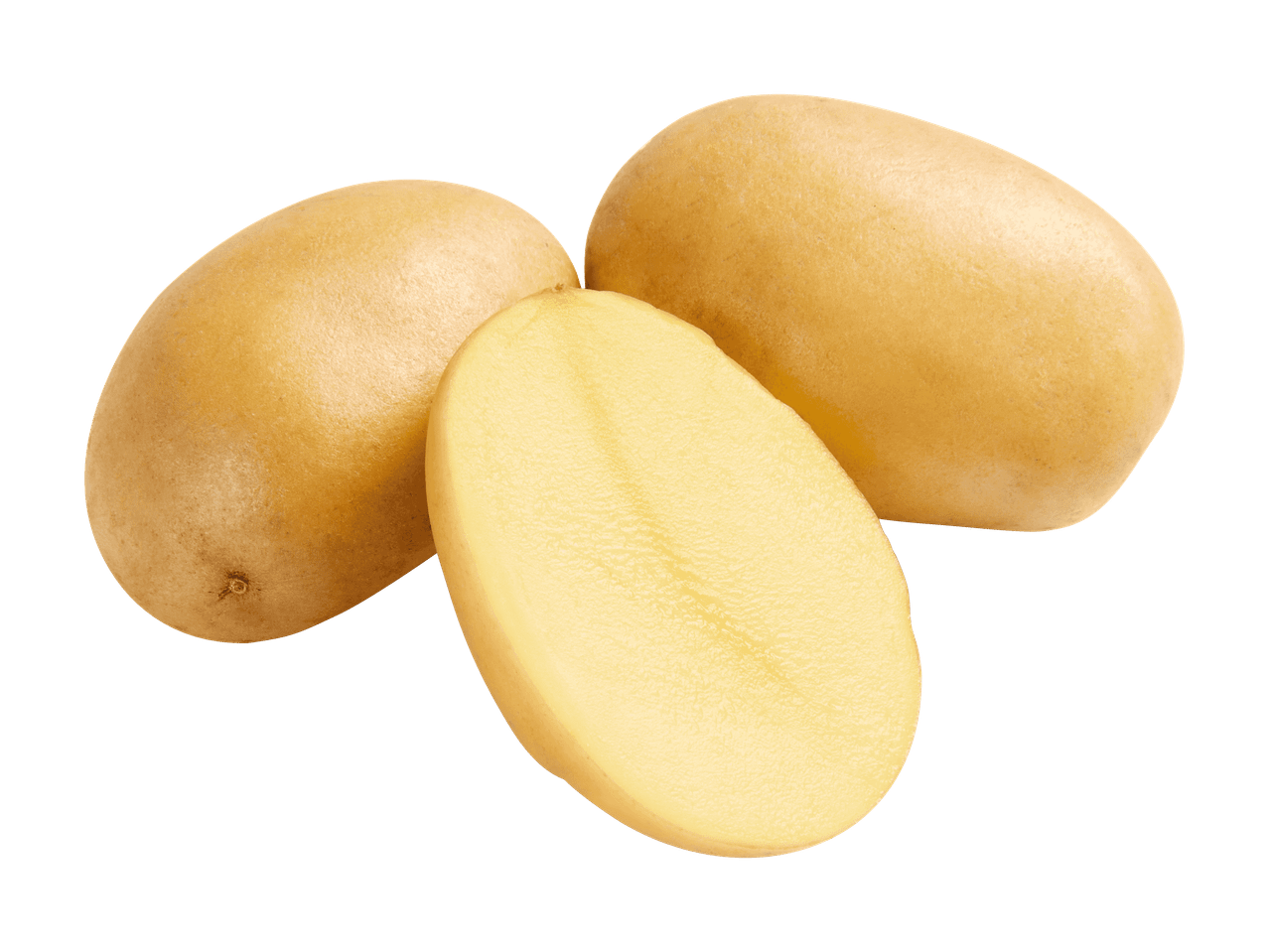 Zwei ganze Kartoffeln und eine halbe Kartoffel auf schwarzem Hintergrund.