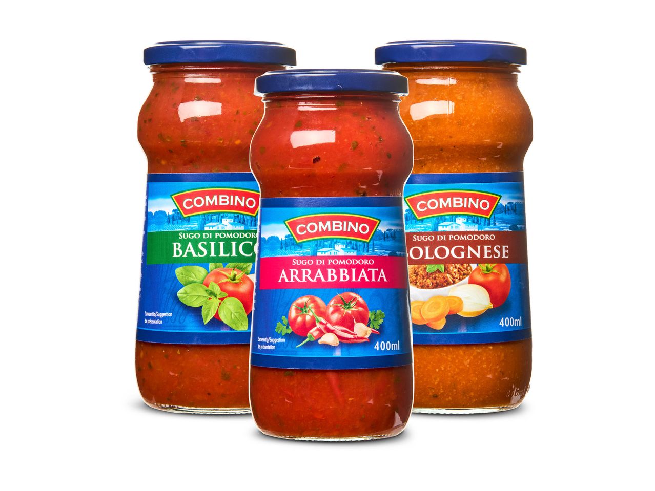Drie potten Combino sauzen: Basilicum, Arrabbiata en Bolognese.