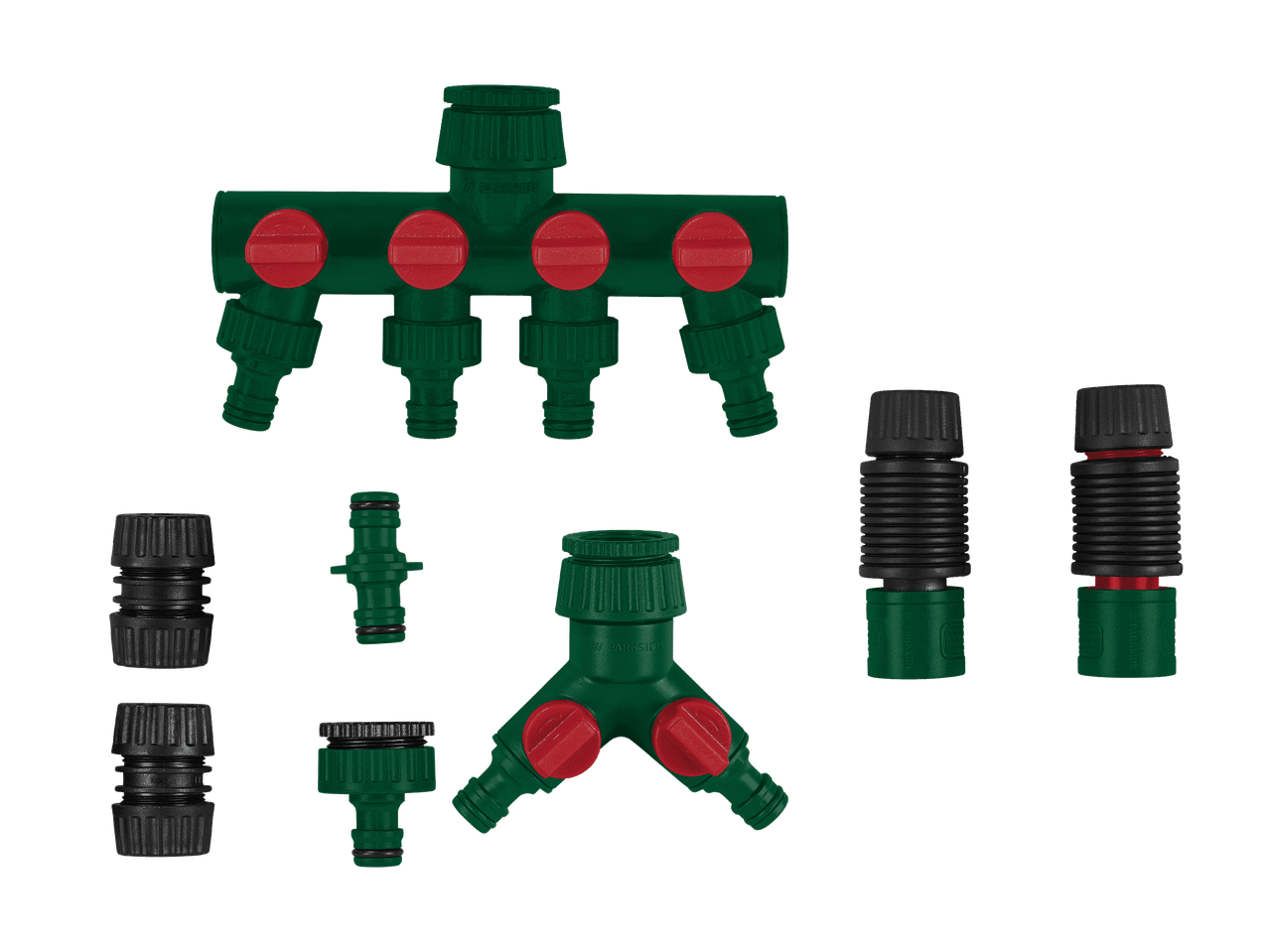 Distributeurs d'eau à plusieurs voies et raccords de tuyau d'arrosage verts et noirs.