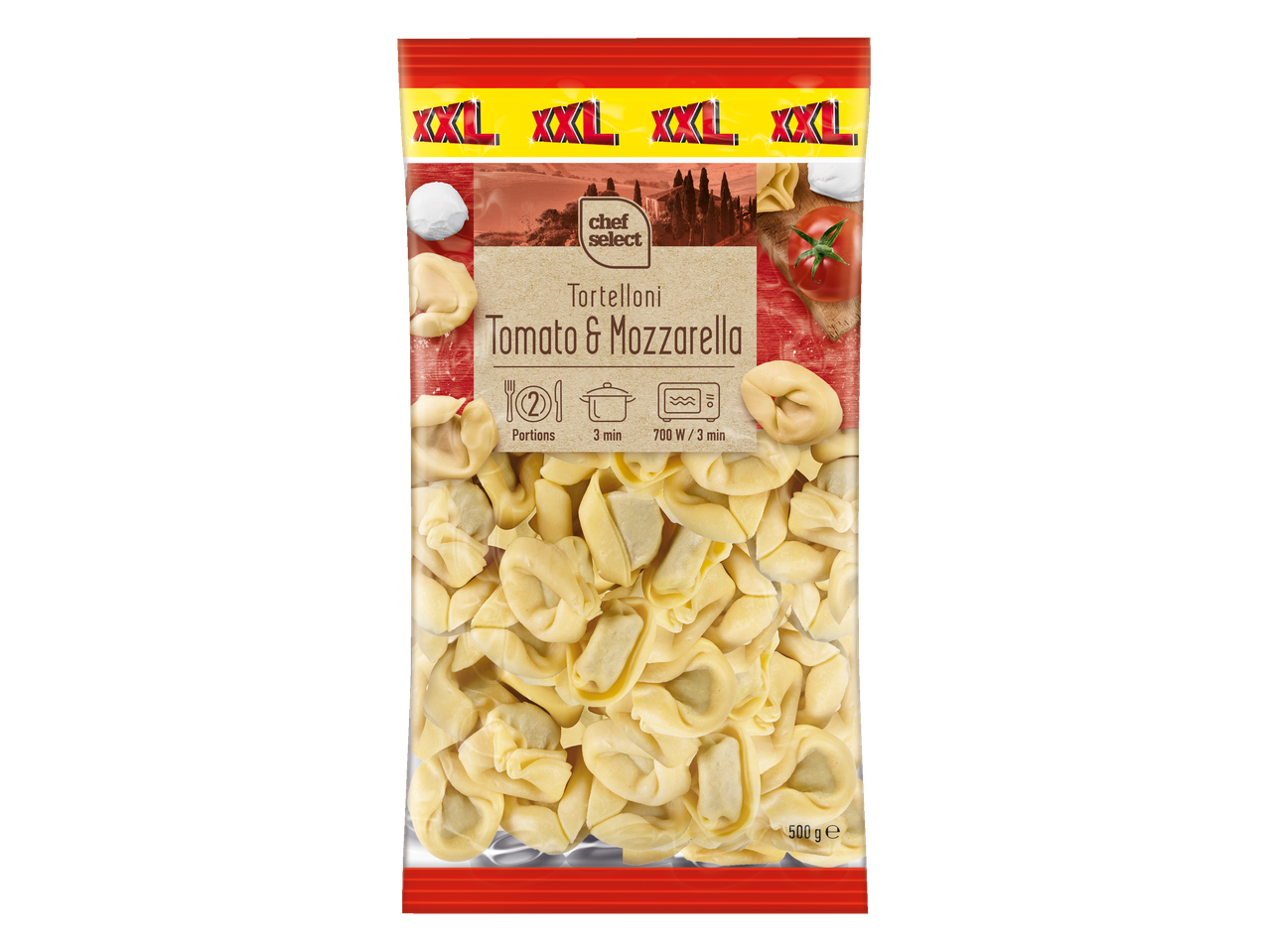 Chef Select XXL tortellīni ar tomātu un mocarellas pildījumu.