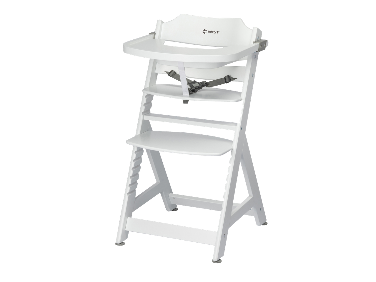 Safety 1st Baba etetőszék fehér fából, állítható funkciókkal.