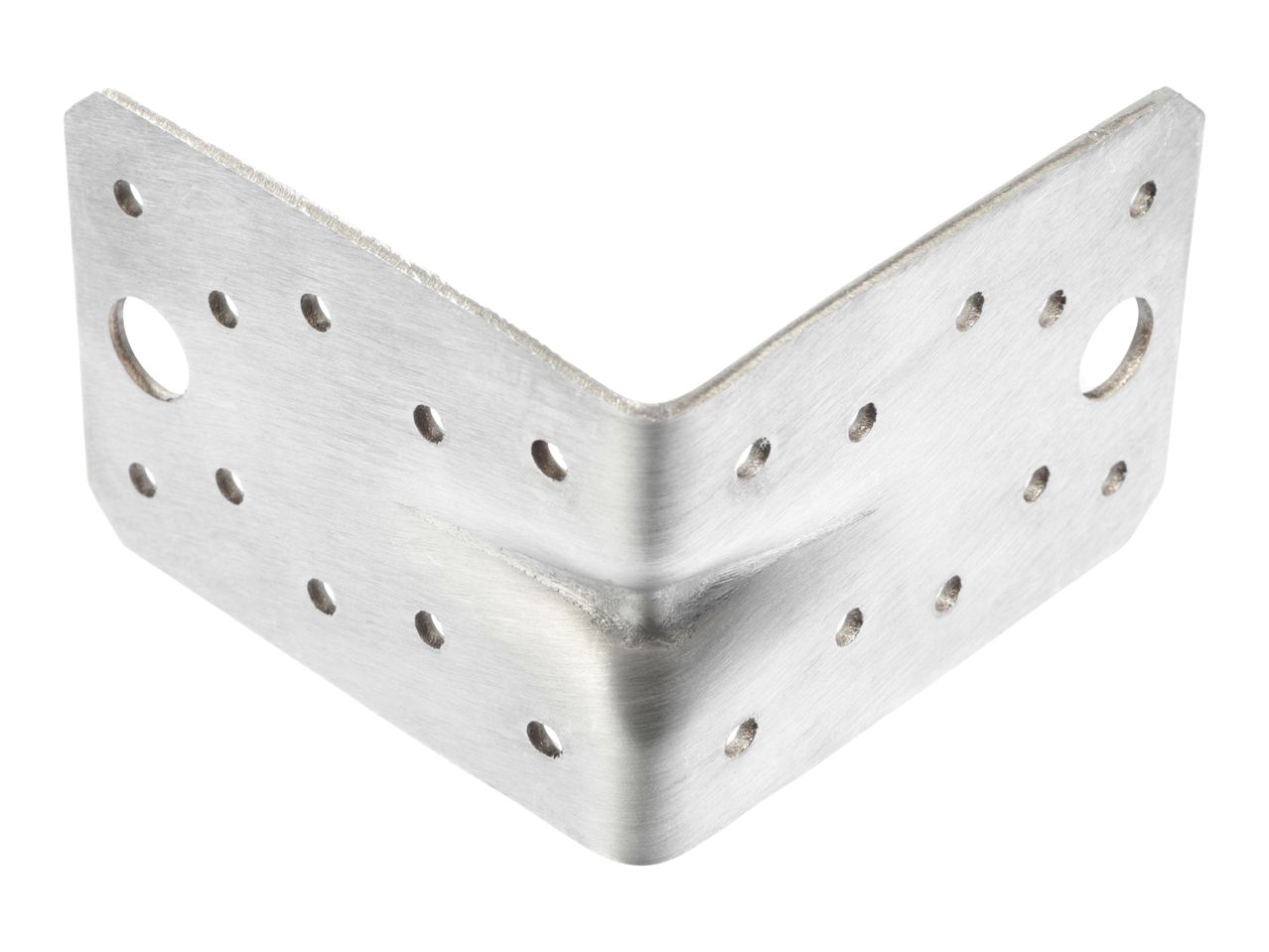 Silver metal corner bracket with multiple holes, isolated on a white background