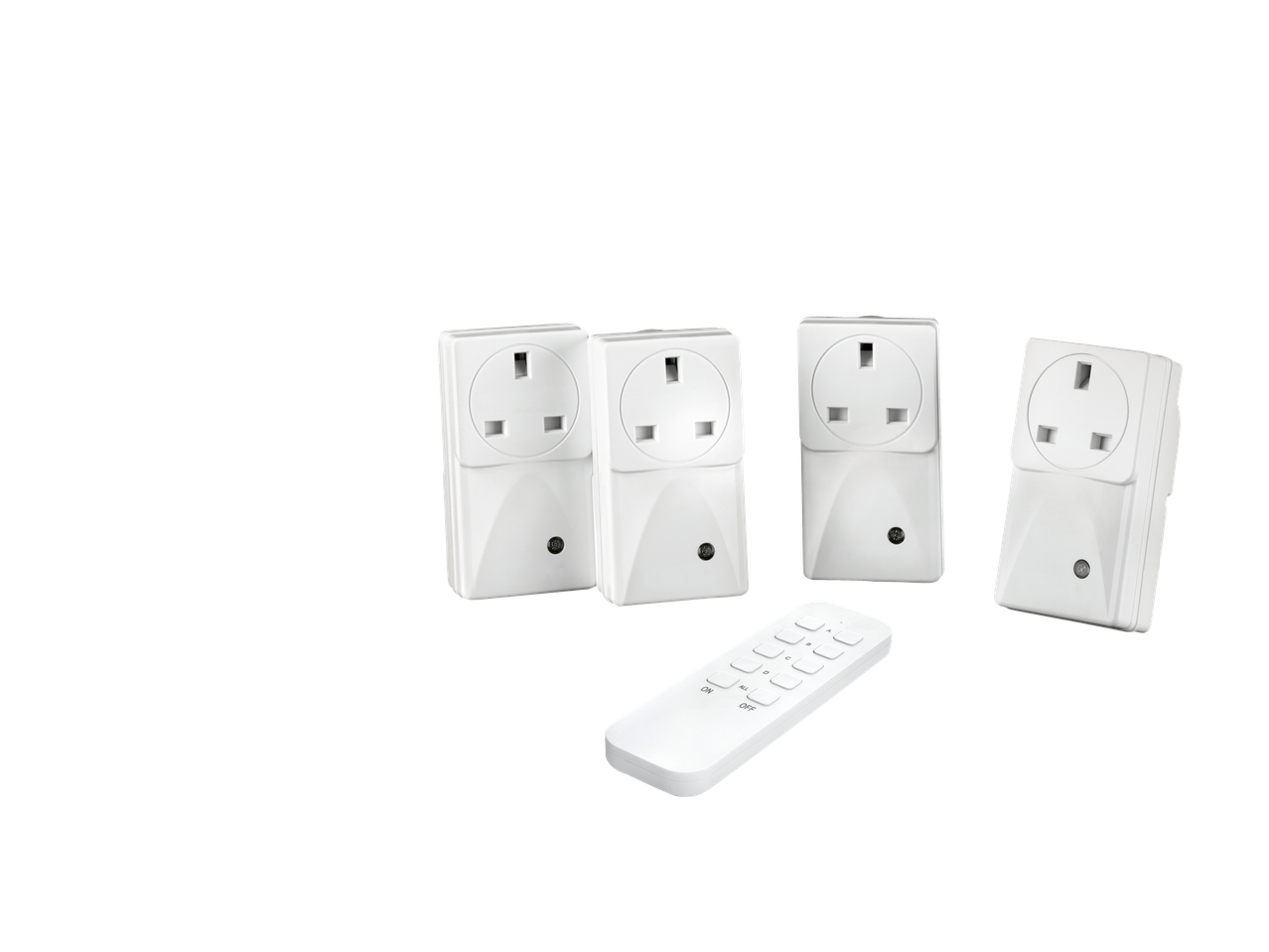 TRONIC® Wireless Socket Set with four white plug adapters and a remote control.