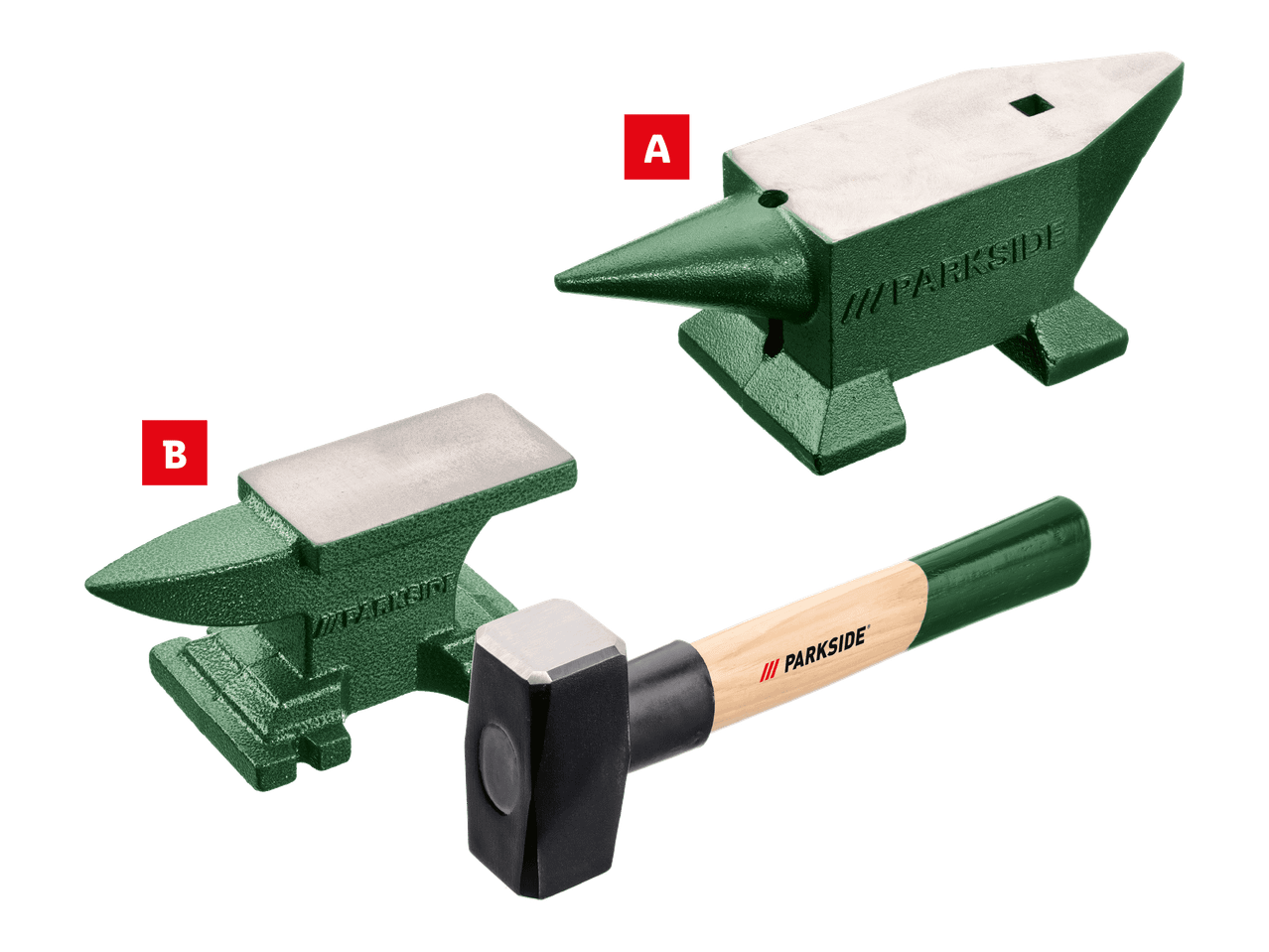 Kaksi Parkside-alasin ja Parkside-moukari mustalla taustalla.