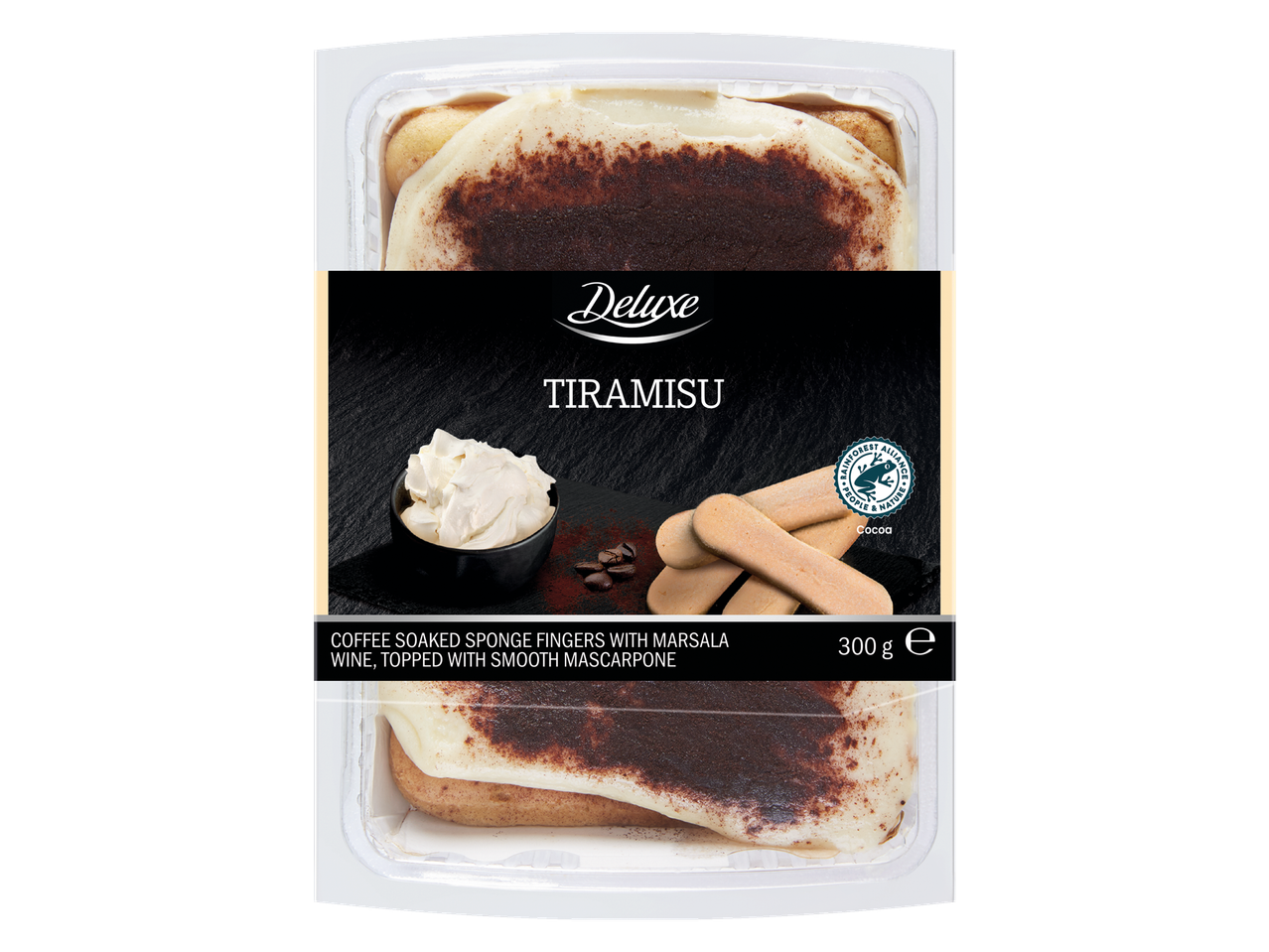 Deluxe Tiramisu met koffie, Marsala-wijn en mascarponecrème, 300g.