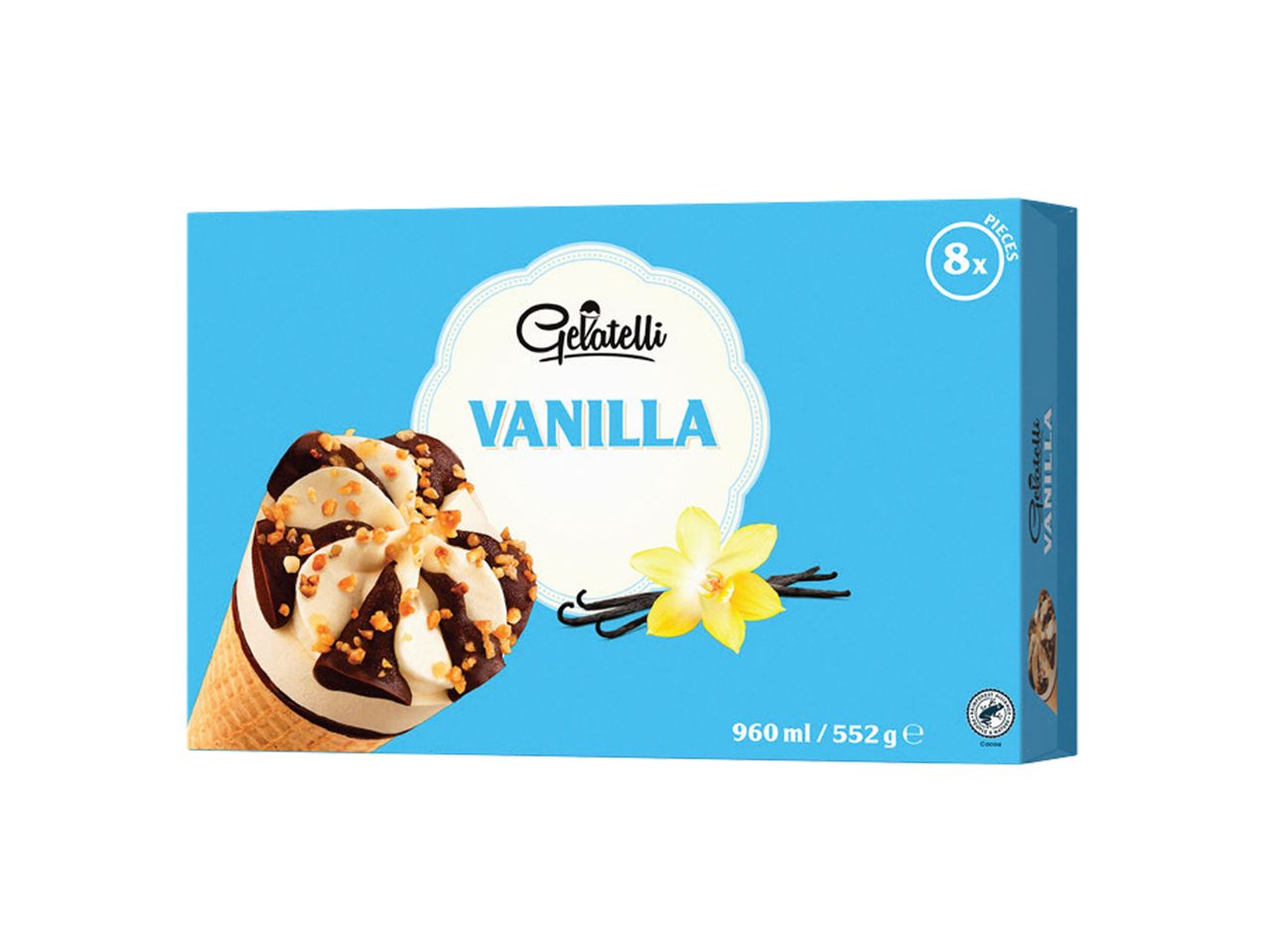 Plava kutija Gelatelli sladoleda od vanile sa slikom sladoleda i vanile.