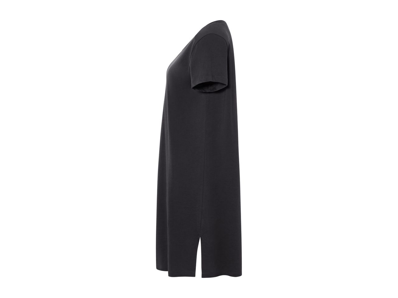 Side view of a black short-sleeved t-shirt dress.