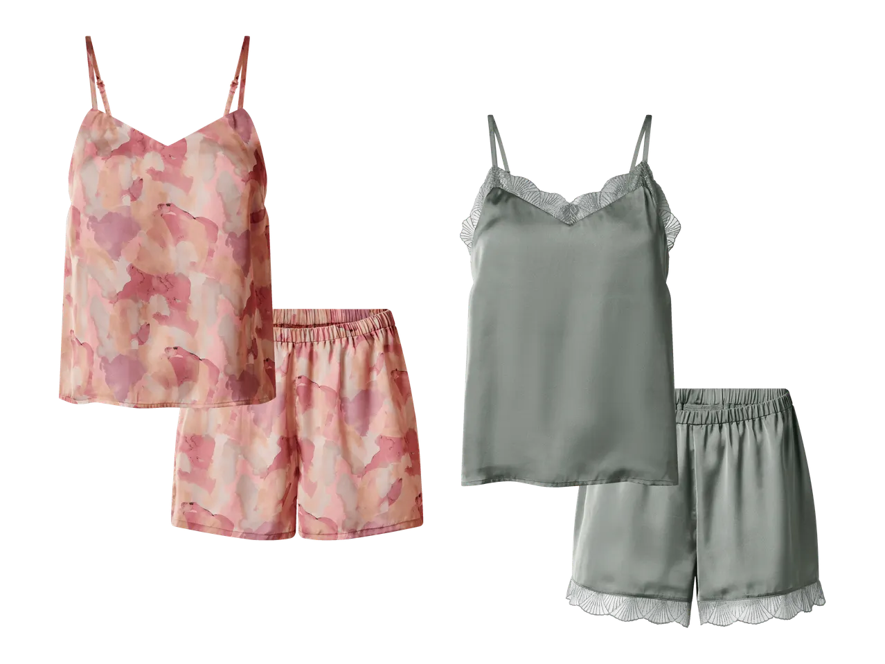 Kaksi naisten pyjamisettiä: toinen vaaleanpunaisella abstraktilla kuviolla ja toinen harmaalla pitsikoristelulla.