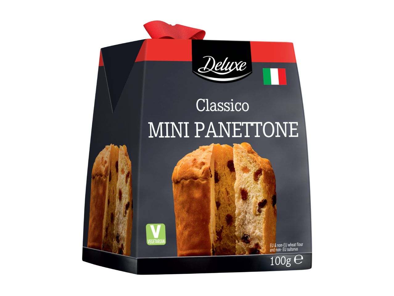 A 100g box of Classico Mini Panettone with a vegetarian label.