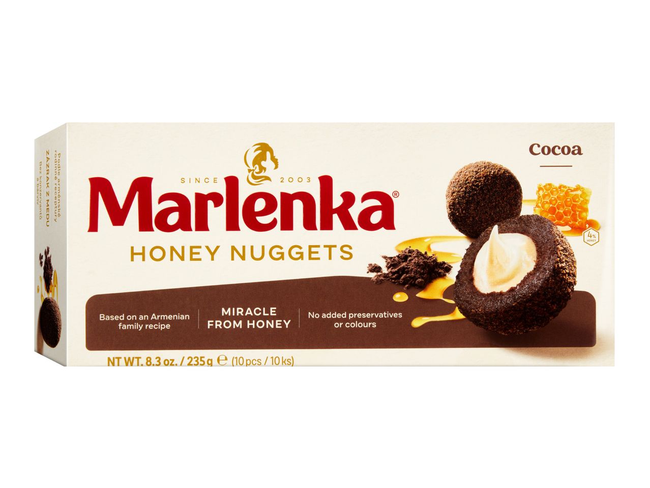 Box of cocoa honey nuggets with honey and honeycomb, highlighting Armenian recipe and natural ingredients.