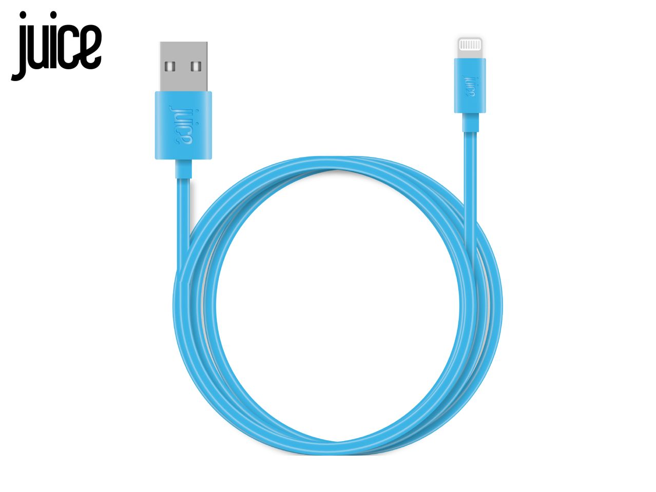 Juice blue USB to Lightning charging cable coiled in a circle.