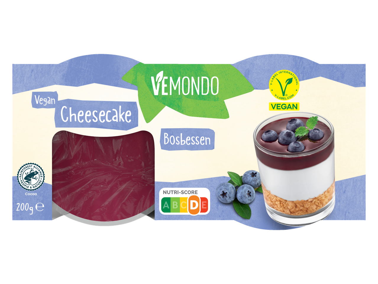 Vemondo vegan bosbessen cheesecake: 200g, V-label.