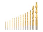 A set of 15 golden drill bits of varying sizes, arranged from smallest to largest.
