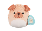 Pug-shaped plush toy with a tag, beige with brown details.
