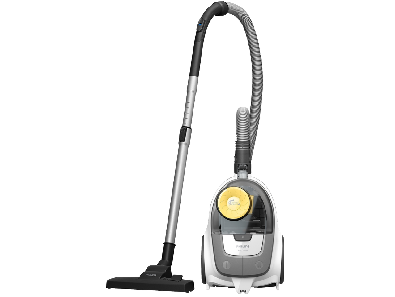 Philips Power Cyclone stofzuiger in wit en grijs met zwart mondstuk.