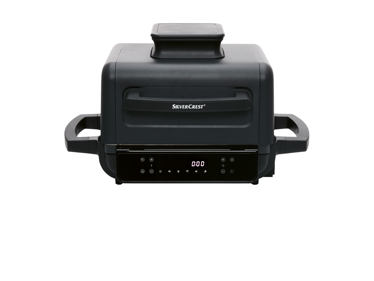 Black air fryer with a digital display showing 0:00, and side handles.